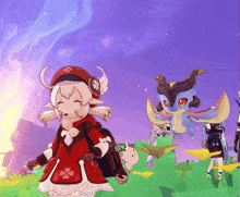a girl in a red and white outfit is standing in front of a dragon