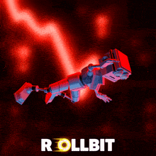 a robot is floating in the air with the word rollbit on the bottom right