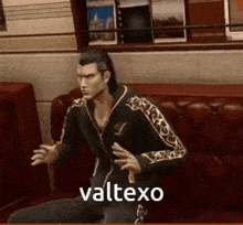 a man is sitting on a couch with his hands outstretched and the word valtexo on the bottom .