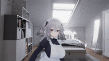 a maid is standing in a bedroom with a bed and a mirror