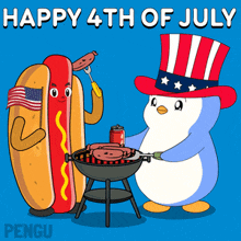 a happy 4th of july greeting with a hot dog and penguin