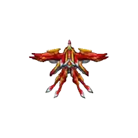 a pixel art of a red and gold bird with wings