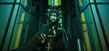 a statue of liberty with headphones and a cross on her face is sitting in a dark room