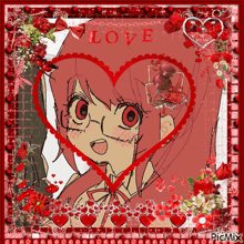 a picture of a girl in a heart surrounded by red hearts and the word love