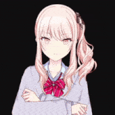 a girl with pink hair is wearing a white sweater and a red bow tie