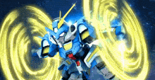 a blue and yellow robot is surrounded by yellow swirls in a video game .