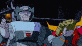 a cartoon robot is holding a gun and giving a thumbs up
