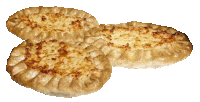 three pizzas are stacked on top of each other on a white surface