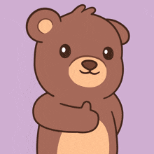 a brown teddy bear giving a thumbs up with a purple background