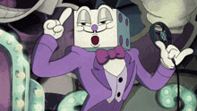 a cartoon character in a purple suit and bow tie holds a microphone