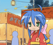 a cartoon girl with blue hair and green eyes stands in front of a sign that says " a "