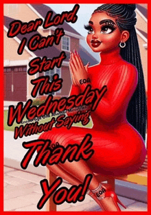 a woman in a red dress sits on a bench and says dear lord i can 't start this wednesday