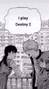 a man and a woman are standing next to each other on a balcony and talking to each other .