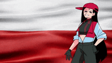 a girl with long black hair and a red hat stands in front of a red white and blue flag