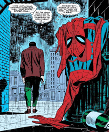 a page from a comic book shows a man standing next to a large spider man