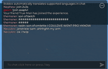 a screenshot of a roblox chat where someone is asking for help
