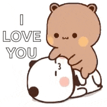 a teddy bear is petting a panda bear and saying `` i love you '' .