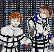 a couple of anime characters standing next to each other with the words t4t forever in the background