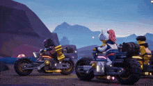 a cartoon character is riding a motorcycle with a backpack on the back