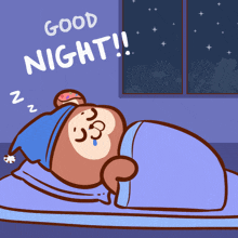 a cartoon of a teddy bear sleeping with the words good night written above him
