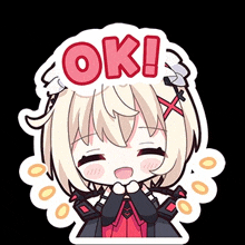 a sticker of a girl with a red x in her hair and the word ok .