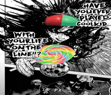 a soccer player is holding a lollipop in front of a man that says have you ever played cool kid