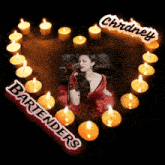 a woman singing into a microphone with candles around her and the words bartenders on the bottom