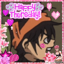 a happy thursday greeting card with a picture of a girl and flowers