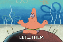 patrick star from spongebob squarepants is sitting in a lotus position on a rock with incense sticks .