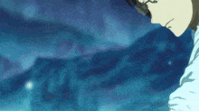 a blue background with a person in the foreground and a mountain in the background