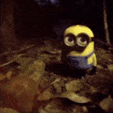 a small yellow minion with big eyes is standing in the woods
