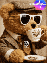 a teddy bear wearing sunglasses and a hat is drinking from a tea cup