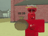 a red cartoon character with an apple on his head has a score of 1/10