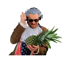 a man in a wig and sunglasses holds a pineapple in his hands