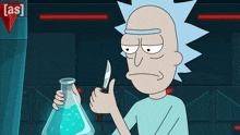 rick from rick and morty is holding a knife and a beaker with a liquid in it