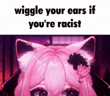 a picture of a girl with pink hair and ears that says `` wiggle your ears if you 're racist ''