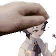 a pixel art of a hand putting a hat on a boy .