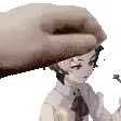 a pixel art of a hand putting a hat on a boy .