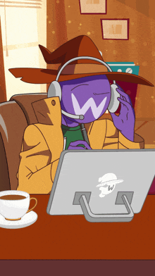 a cartoon character wearing headphones and a hat with the letter w on his face