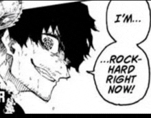 a black and white drawing of a man with a speech bubble that says `` i 'm rock hard right now ''