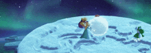 a video game scene with yoshi and princess peach on the moon