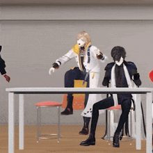a group of anime characters are sitting at a table and one is standing