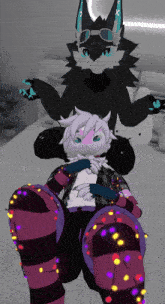 a cartoon character is sitting on another character 's lap with christmas lights on their legs