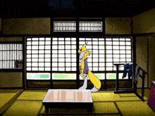 a cartoon of a fox standing in a room
