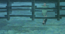 a cartoon of two people standing under a bridge in the water