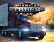 an advertisement for american truck simulator with a red semi truck on the road