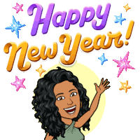 a cartoon of a woman waving with the words happy new year in the background