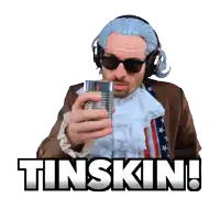 a man wearing headphones and sunglasses holds a tin can with the word tinskin below him