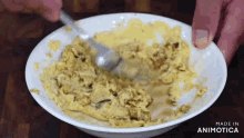 a bowl of food is being stirred with a spoon and the words made in animatica are visible on the bottom