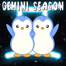 two penguins are standing next to each other with the words gemini season written above them